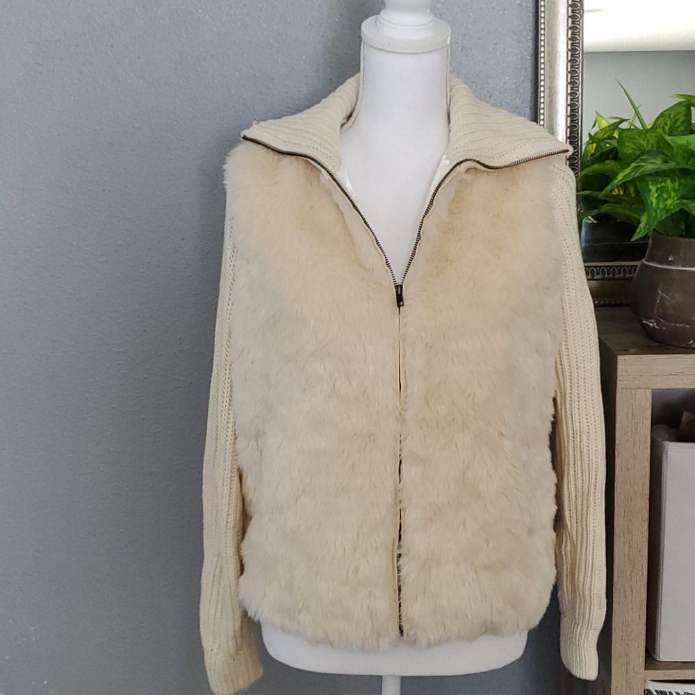 Anthropologie  white faux fur sweater jacket